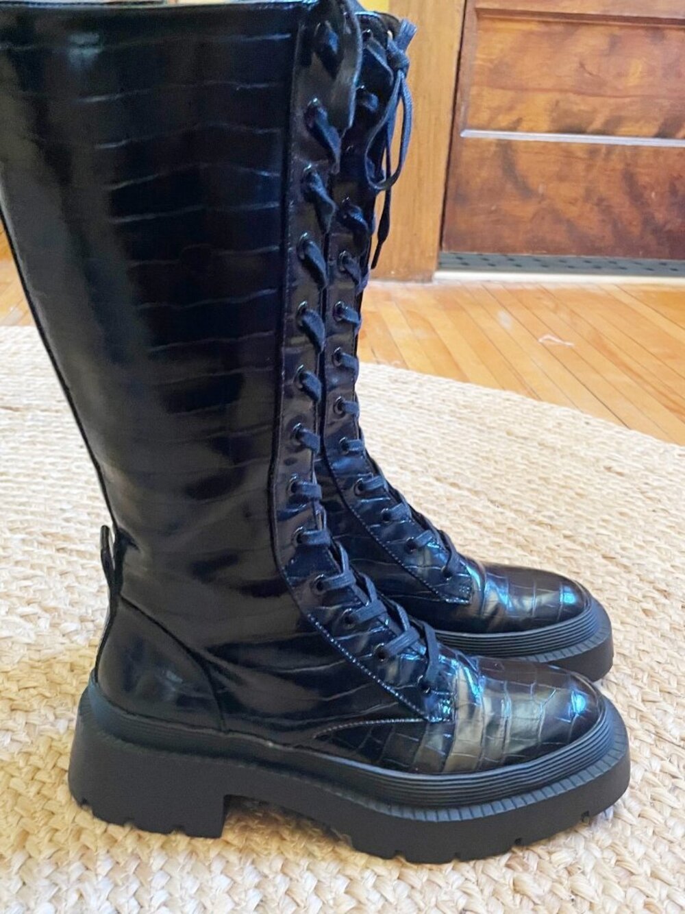 NEW! Zara Black Lug Sole Faux Croc Chunky Lace Zipper Tall Combat Boots 38 7.5 - Picture 4 of 14